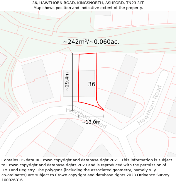 36, HAWTHORN ROAD, KINGSNORTH, ASHFORD, TN23 3LT: Plot and title map