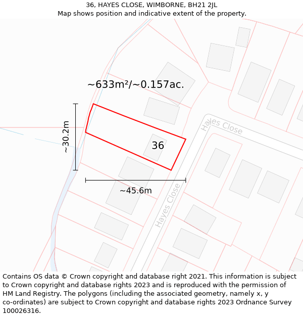 36, HAYES CLOSE, WIMBORNE, BH21 2JL: Plot and title map