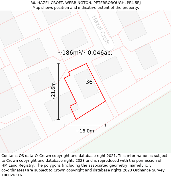 36, HAZEL CROFT, WERRINGTON, PETERBOROUGH, PE4 5BJ: Plot and title map