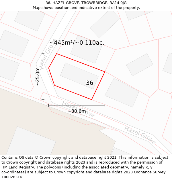 36, HAZEL GROVE, TROWBRIDGE, BA14 0JG: Plot and title map