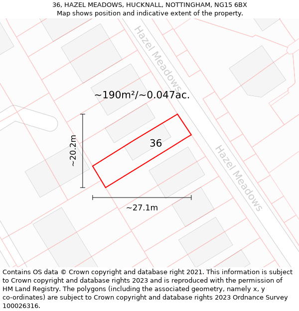 36, HAZEL MEADOWS, HUCKNALL, NOTTINGHAM, NG15 6BX: Plot and title map