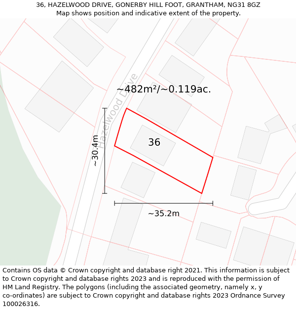 36, HAZELWOOD DRIVE, GONERBY HILL FOOT, GRANTHAM, NG31 8GZ: Plot and title map