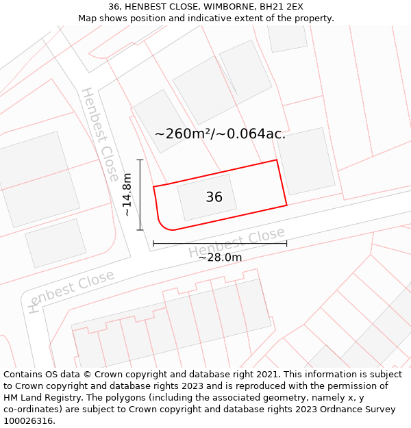 36, HENBEST CLOSE, WIMBORNE, BH21 2EX: Plot and title map