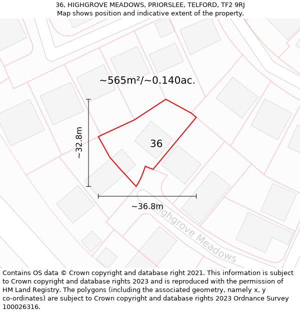 36, HIGHGROVE MEADOWS, PRIORSLEE, TELFORD, TF2 9RJ: Plot and title map