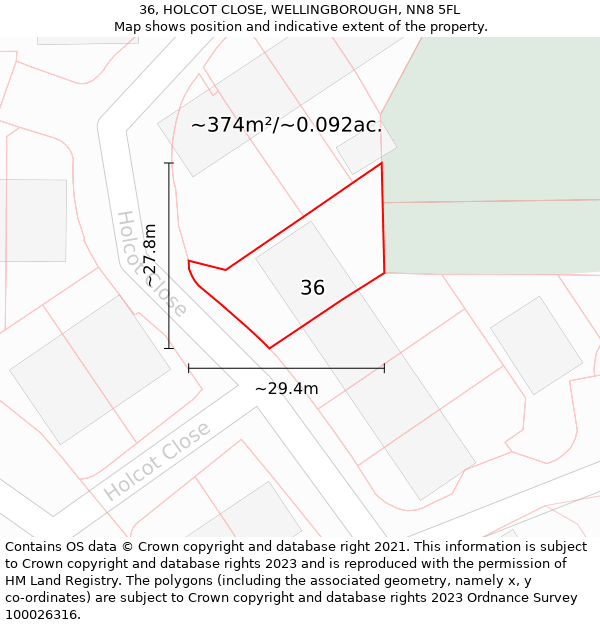 36, HOLCOT CLOSE, WELLINGBOROUGH, NN8 5FL: Plot and title map