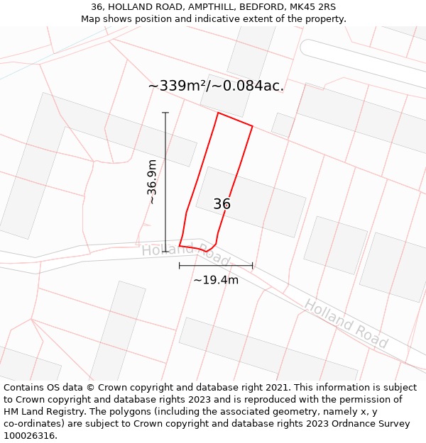 36, HOLLAND ROAD, AMPTHILL, BEDFORD, MK45 2RS: Plot and title map