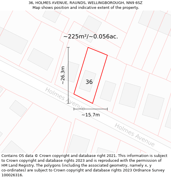 36, HOLMES AVENUE, RAUNDS, WELLINGBOROUGH, NN9 6SZ: Plot and title map