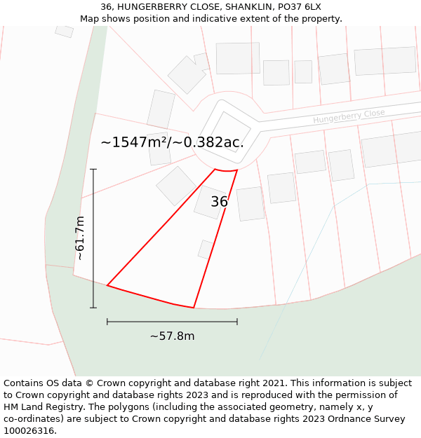 36, HUNGERBERRY CLOSE, SHANKLIN, PO37 6LX: Plot and title map