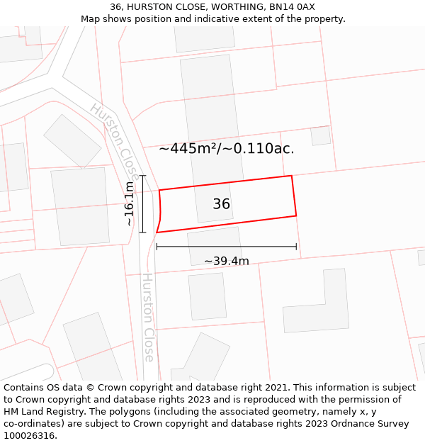 36, HURSTON CLOSE, WORTHING, BN14 0AX: Plot and title map