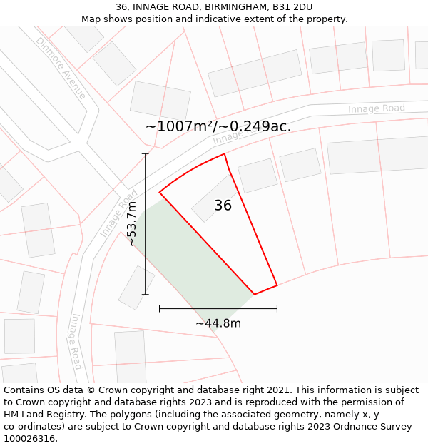 36, INNAGE ROAD, BIRMINGHAM, B31 2DU: Plot and title map