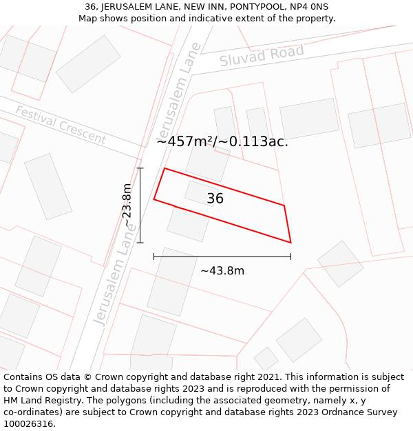 36, JERUSALEM LANE, NEW INN, PONTYPOOL, NP4 0NS: Plot and title map