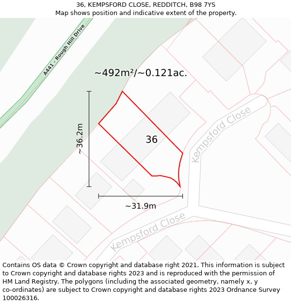 36, KEMPSFORD CLOSE, REDDITCH, B98 7YS: Plot and title map