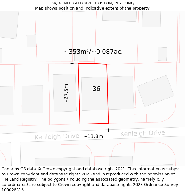 36, KENLEIGH DRIVE, BOSTON, PE21 0NQ: Plot and title map