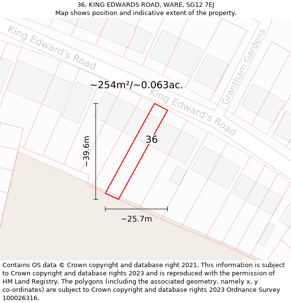 36, KING EDWARDS ROAD, WARE, SG12 7EJ: Plot and title map