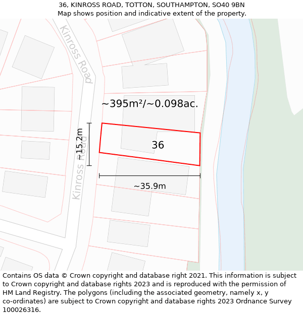 36, KINROSS ROAD, TOTTON, SOUTHAMPTON, SO40 9BN: Plot and title map