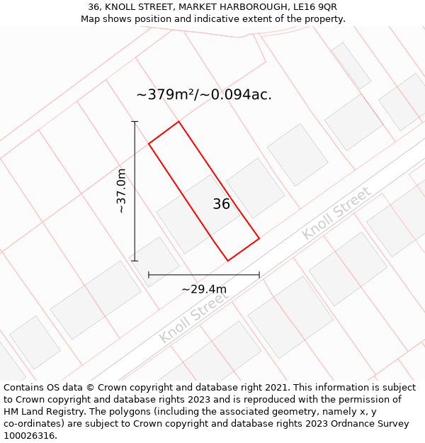 36, KNOLL STREET, MARKET HARBOROUGH, LE16 9QR: Plot and title map
