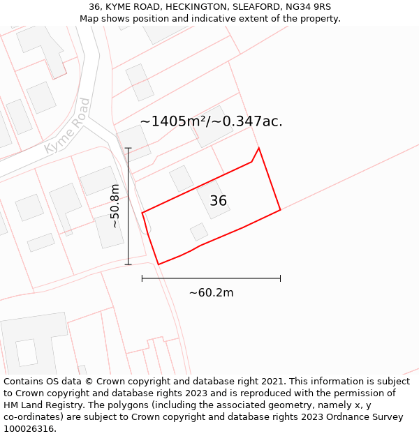 36, KYME ROAD, HECKINGTON, SLEAFORD, NG34 9RS: Plot and title map