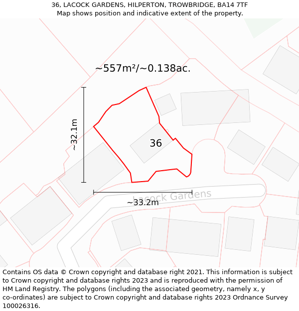 36, LACOCK GARDENS, HILPERTON, TROWBRIDGE, BA14 7TF: Plot and title map