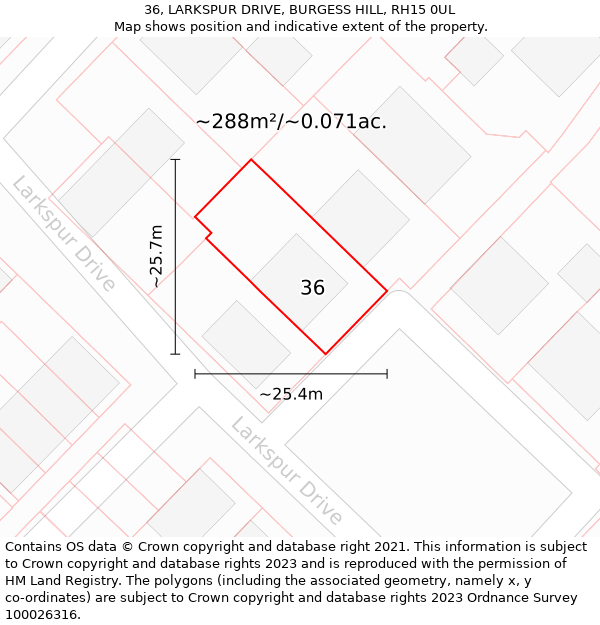 36, LARKSPUR DRIVE, BURGESS HILL, RH15 0UL: Plot and title map