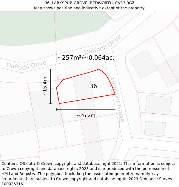 36, LARKSPUR GROVE, BEDWORTH, CV12 0GZ: Plot and title map