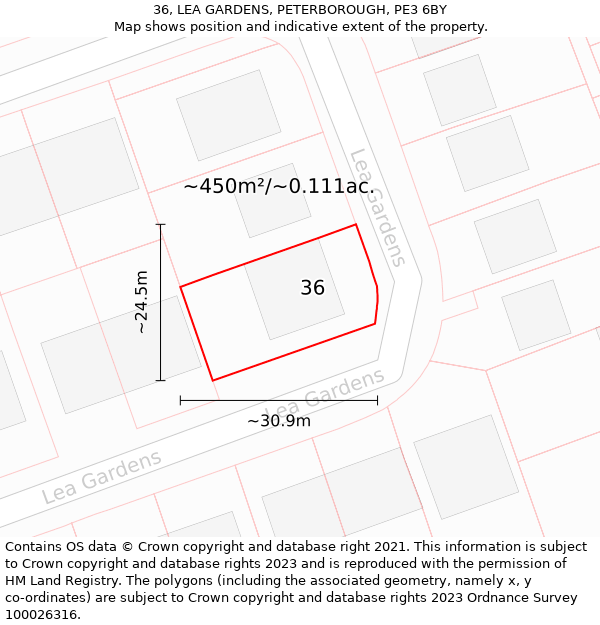 36, LEA GARDENS, PETERBOROUGH, PE3 6BY: Plot and title map