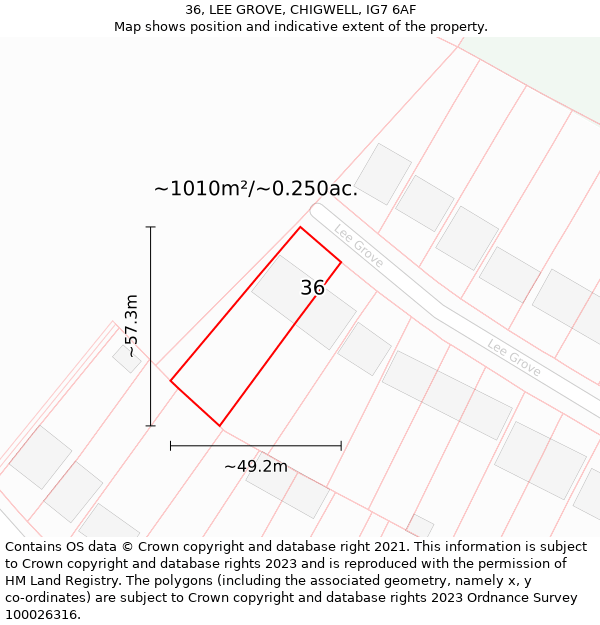 36, LEE GROVE, CHIGWELL, IG7 6AF: Plot and title map