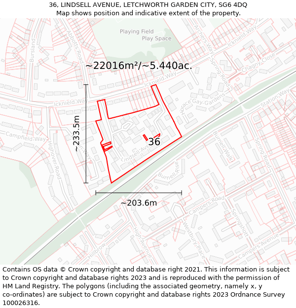 36, LINDSELL AVENUE, LETCHWORTH GARDEN CITY, SG6 4DQ: Plot and title map