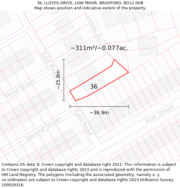 36, LLOYDS DRIVE, LOW MOOR, BRADFORD, BD12 0HB: Plot and title map