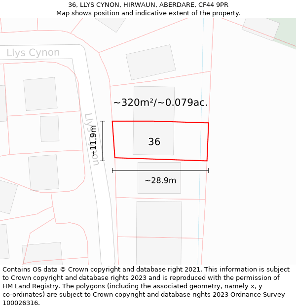 36, LLYS CYNON, HIRWAUN, ABERDARE, CF44 9PR: Plot and title map