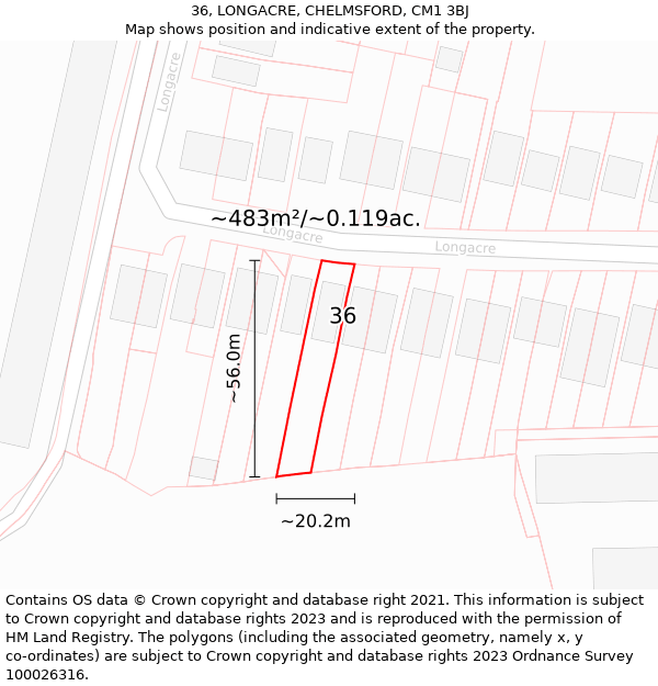 36, LONGACRE, CHELMSFORD, CM1 3BJ: Plot and title map