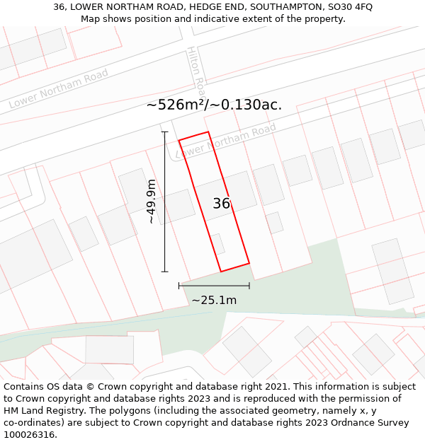 36, LOWER NORTHAM ROAD, HEDGE END, SOUTHAMPTON, SO30 4FQ: Plot and title map