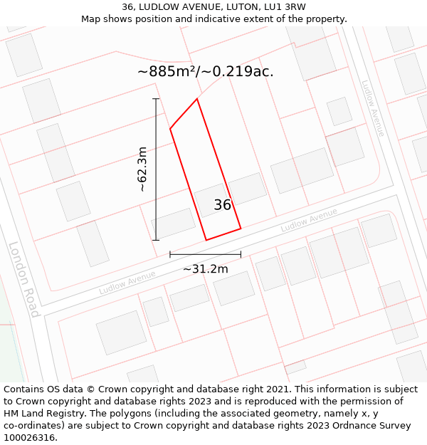 36, LUDLOW AVENUE, LUTON, LU1 3RW: Plot and title map