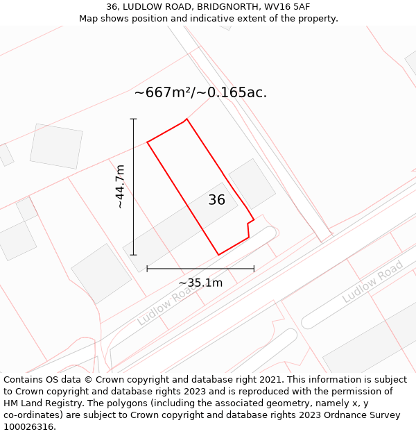 36, LUDLOW ROAD, BRIDGNORTH, WV16 5AF: Plot and title map