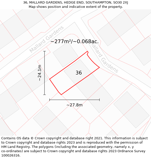 36, MALLARD GARDENS, HEDGE END, SOUTHAMPTON, SO30 2XJ: Plot and title map