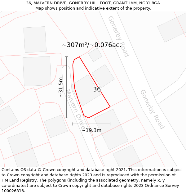 36, MALVERN DRIVE, GONERBY HILL FOOT, GRANTHAM, NG31 8GA: Plot and title map