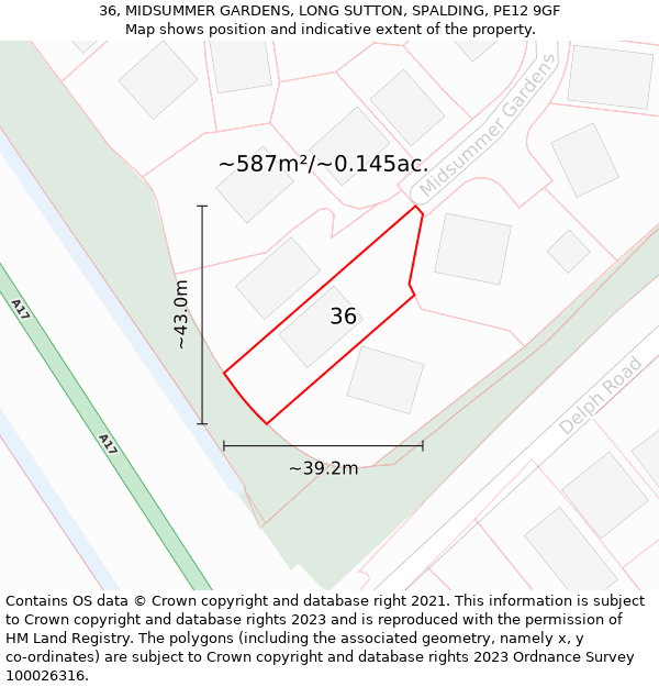 36, MIDSUMMER GARDENS, LONG SUTTON, SPALDING, PE12 9GF: Plot and title map