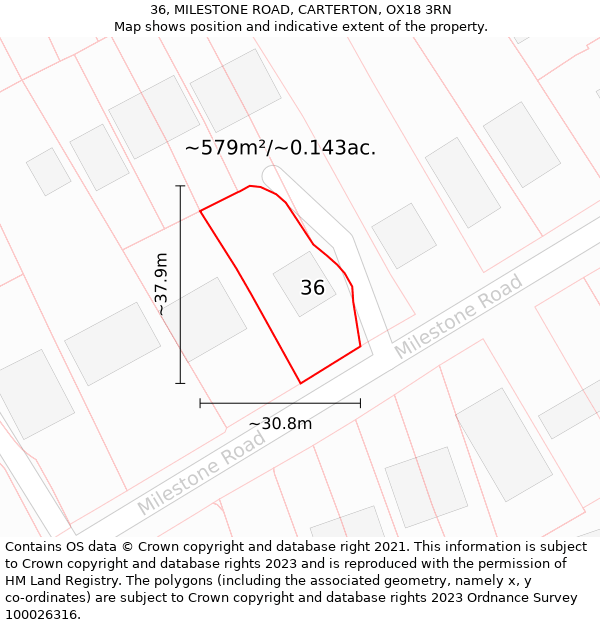 36, MILESTONE ROAD, CARTERTON, OX18 3RN: Plot and title map