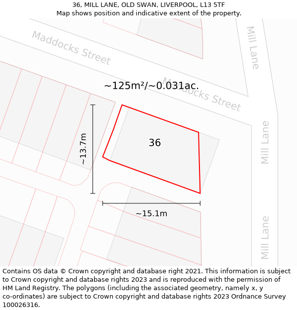 36, MILL LANE, OLD SWAN, LIVERPOOL, L13 5TF: Plot and title map