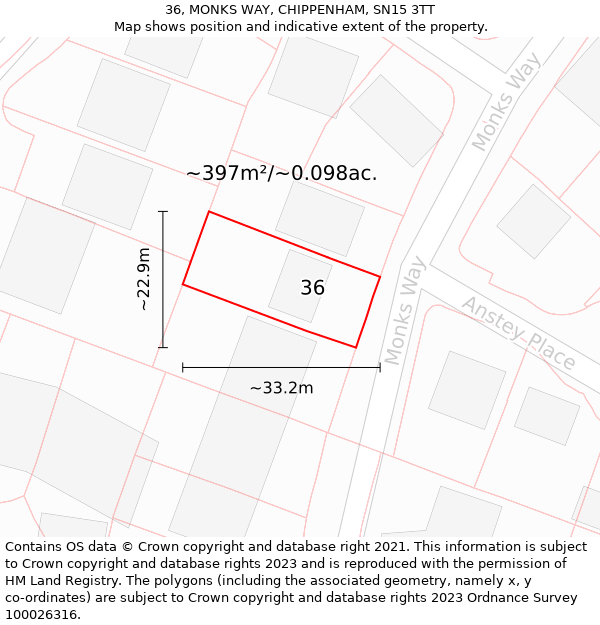 36, MONKS WAY, CHIPPENHAM, SN15 3TT: Plot and title map