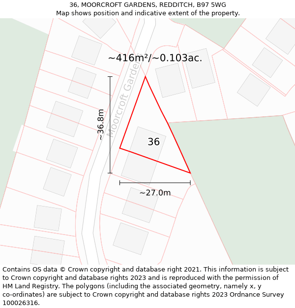 36, MOORCROFT GARDENS, REDDITCH, B97 5WG: Plot and title map