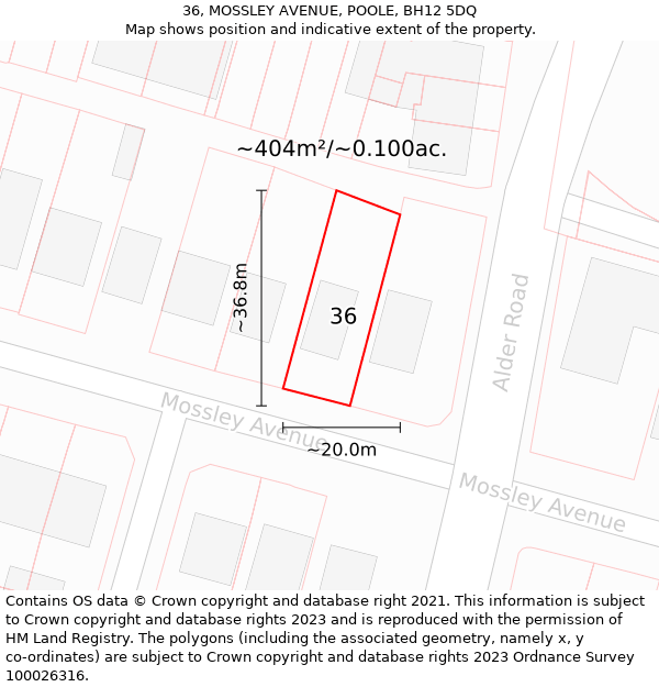 36, MOSSLEY AVENUE, POOLE, BH12 5DQ: Plot and title map