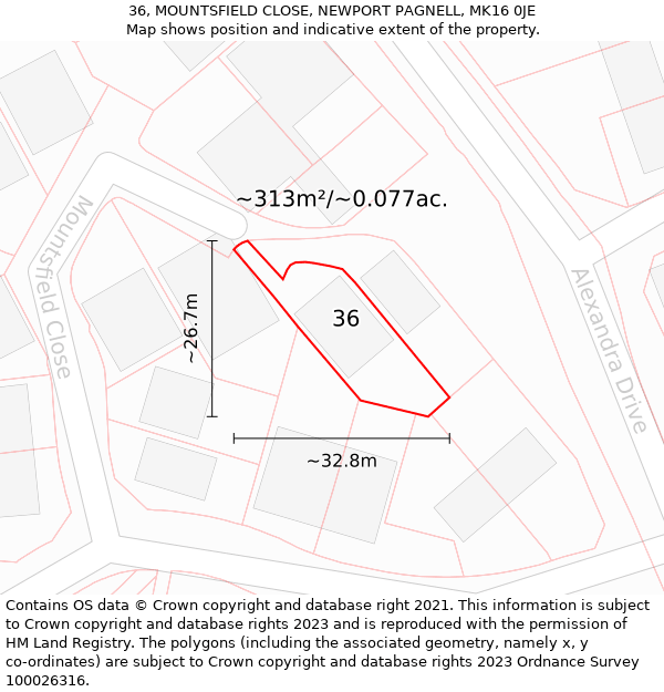 36, MOUNTSFIELD CLOSE, NEWPORT PAGNELL, MK16 0JE: Plot and title map