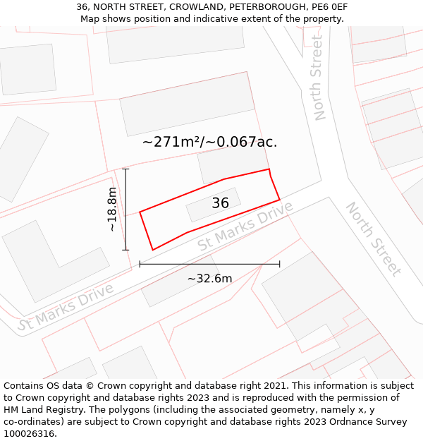 36, NORTH STREET, CROWLAND, PETERBOROUGH, PE6 0EF: Plot and title map