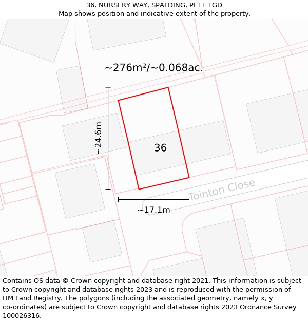 36, NURSERY WAY, SPALDING, PE11 1GD: Plot and title map