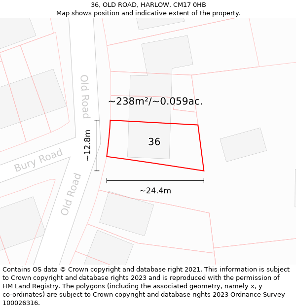 36, OLD ROAD, HARLOW, CM17 0HB: Plot and title map