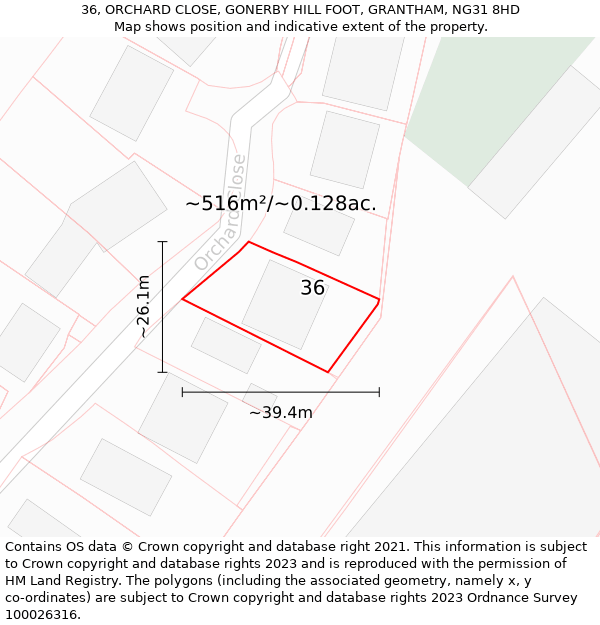 36, ORCHARD CLOSE, GONERBY HILL FOOT, GRANTHAM, NG31 8HD: Plot and title map