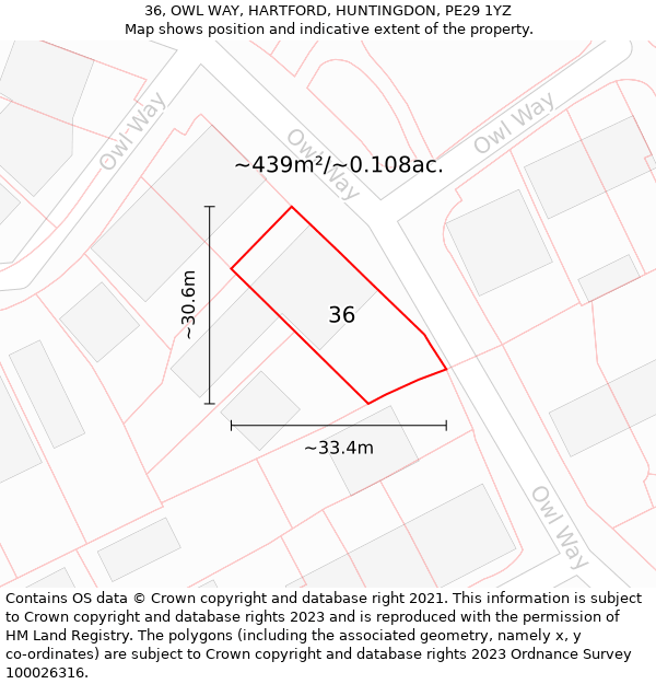 36, OWL WAY, HARTFORD, HUNTINGDON, PE29 1YZ: Plot and title map