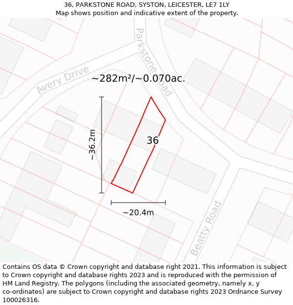 36, PARKSTONE ROAD, SYSTON, LEICESTER, LE7 1LY: Plot and title map