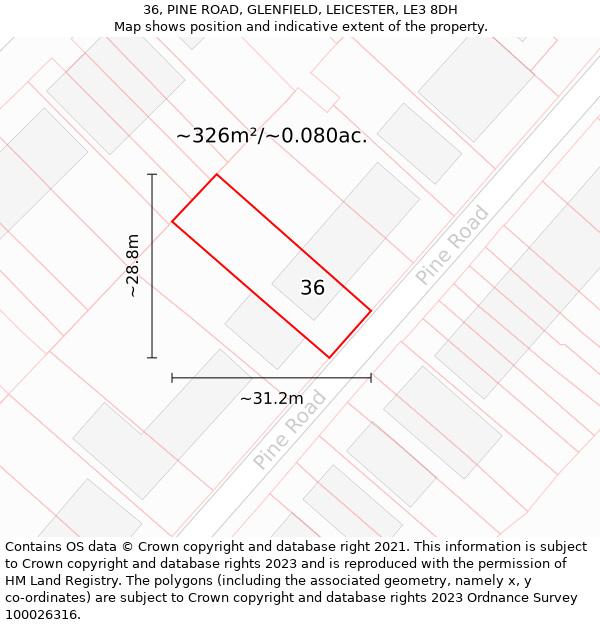 36, PINE ROAD, GLENFIELD, LEICESTER, LE3 8DH: Plot and title map