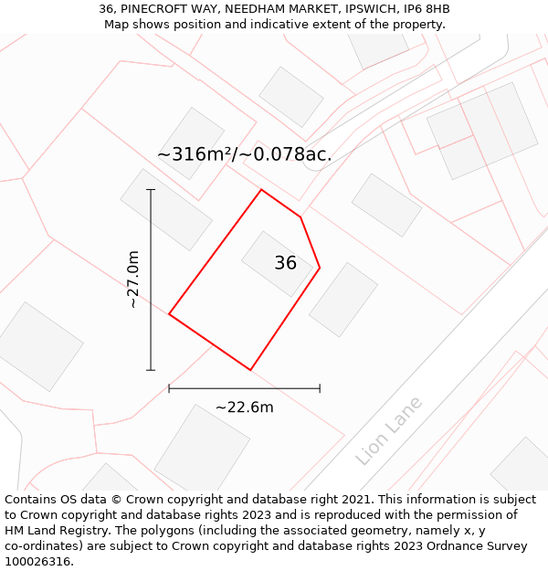 36, PINECROFT WAY, NEEDHAM MARKET, IPSWICH, IP6 8HB: Plot and title map